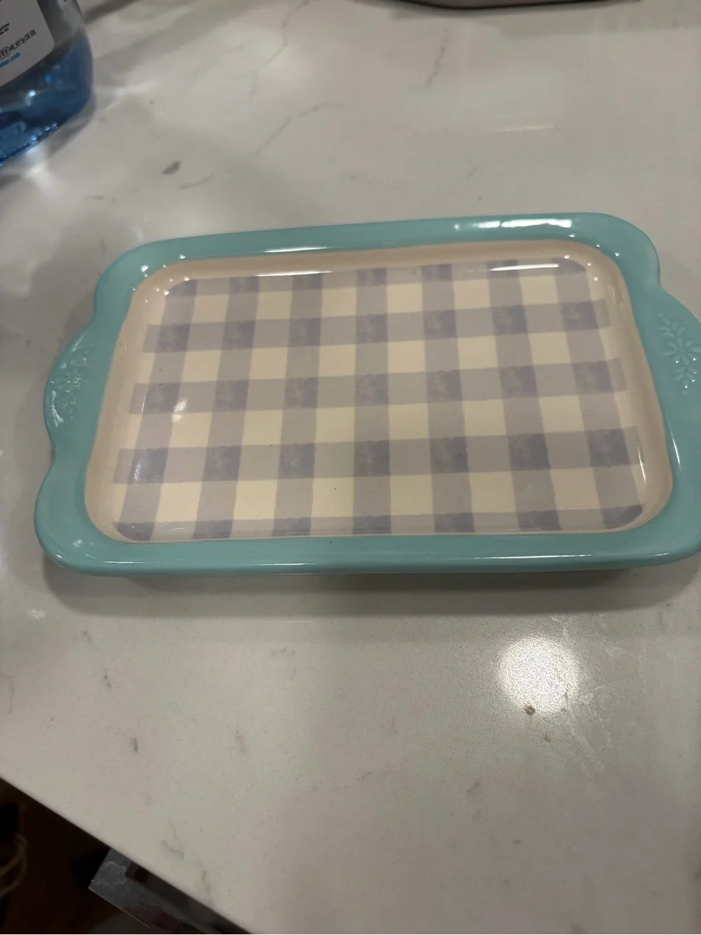 Floral Ceramic Butter Dish with Aqua Base and Glass Knob